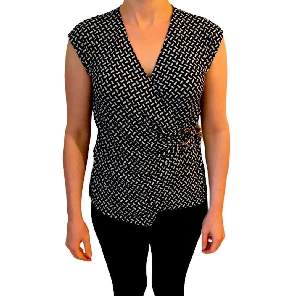 Jones New York Black & White V-Neck Blouse